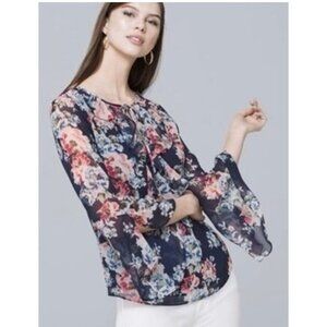 White House Black Market Navy Blue Ruffle Floral Print Blouse, Size 2